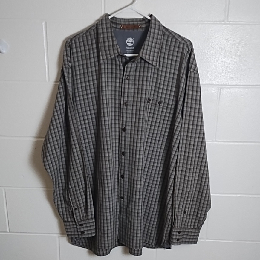 Timberland Men's Brown and Gray Small Plaid Button up Shirt